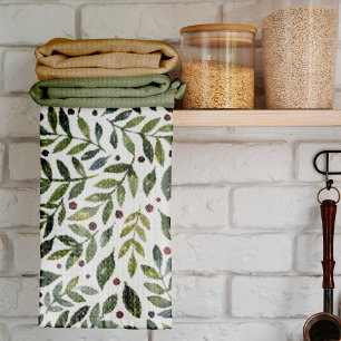 Greenery watercolor seasonal branches and berries tea towel