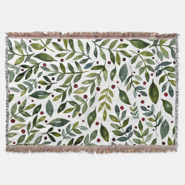 Greenery watercolor seasonal branches and berries throw blanket (Front)