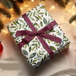 Greenery watercolor seasonal branches and berries wrapping paper sheet