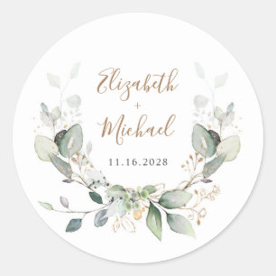 Greenery Watercolor Wedding Classic Round Sticker