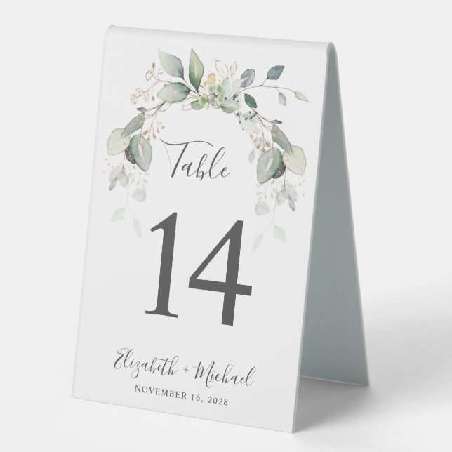 Greenery Watercolor Wedding Reception Table Number (Front)