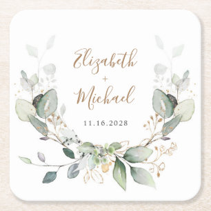 Greenery Watercolor Wedding Square Paper Coaster