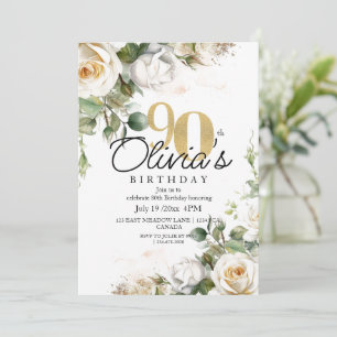 Greenery Watercolor White Rose Gold 90th Birthday Invitation