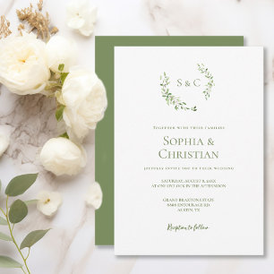 Greenery Watercolor Wreath leaf Monogram Wedding Invitation
