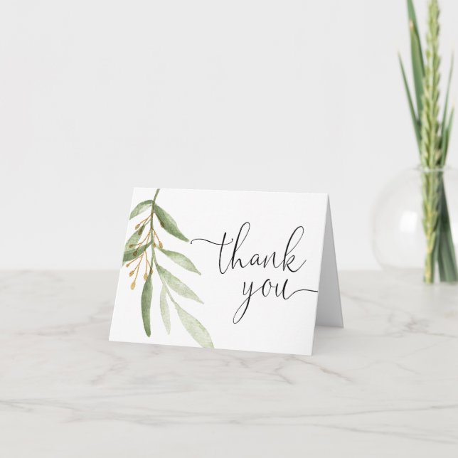 Greenery watercolors green gold leaves simple thank you card (Front)