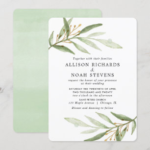 Greenery watercolors green gold leaves wedding invitation