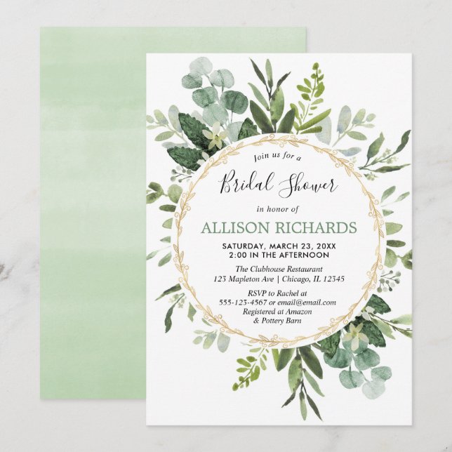 Greenery watercolors modern bridal shower invitation (Front/Back)