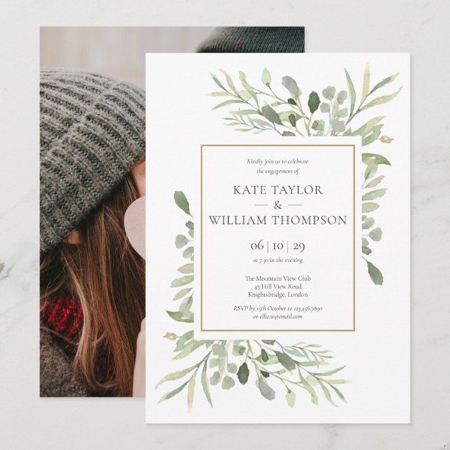 Greenery Watercolour Photo Engagement Invitation (Front/Back)