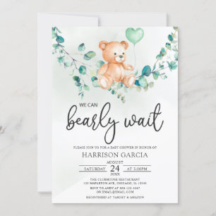 Greenery We Can Bearly Wait Teddy Bear Baby Shower Invitation