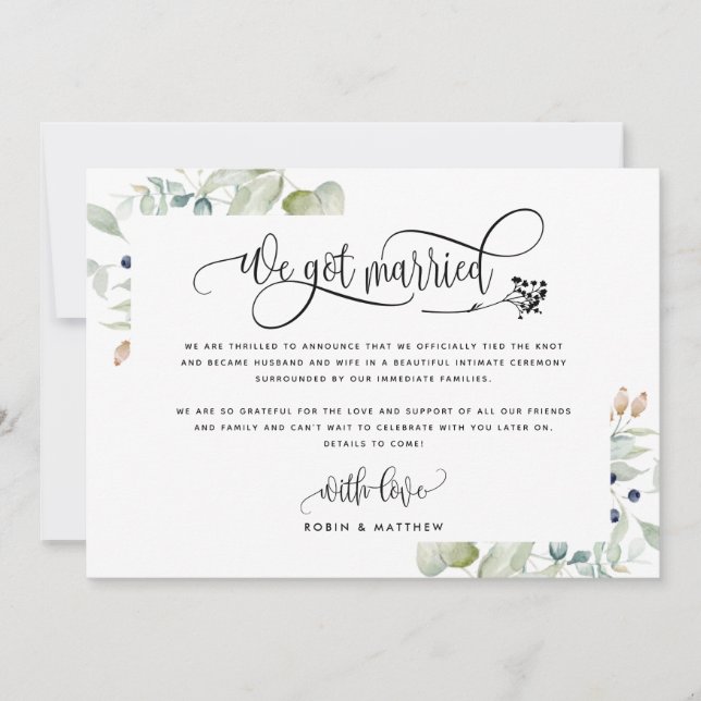 Greenery We Got Married Wedding Elope Announcement (Front)