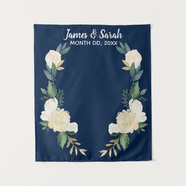 Greenery Wedding Backdrop, Reception Navy Gold Tapestry (Front)