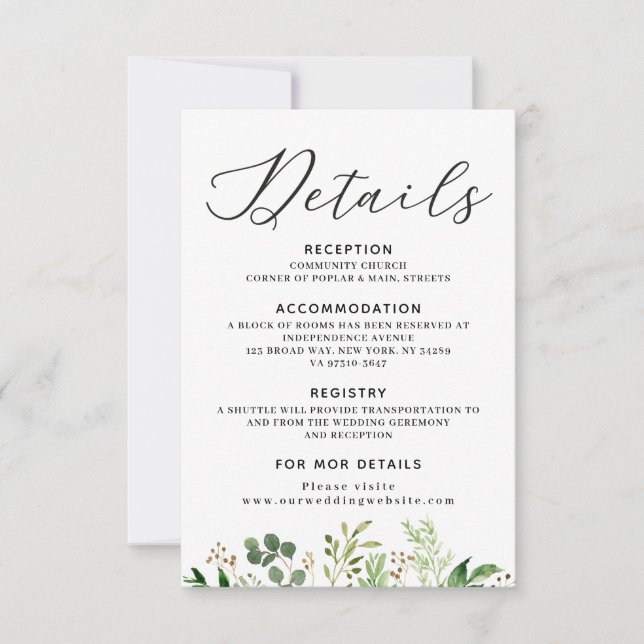 Greenery Wedding details card (Front)