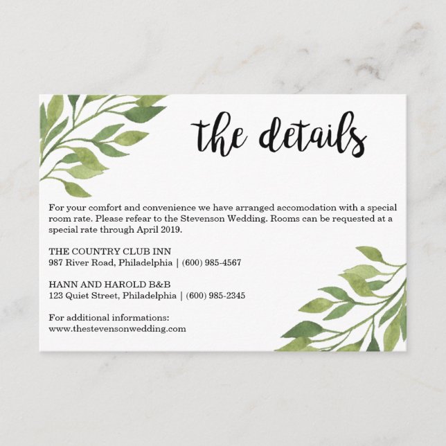 Greenery wedding details insert card botanical (Front)