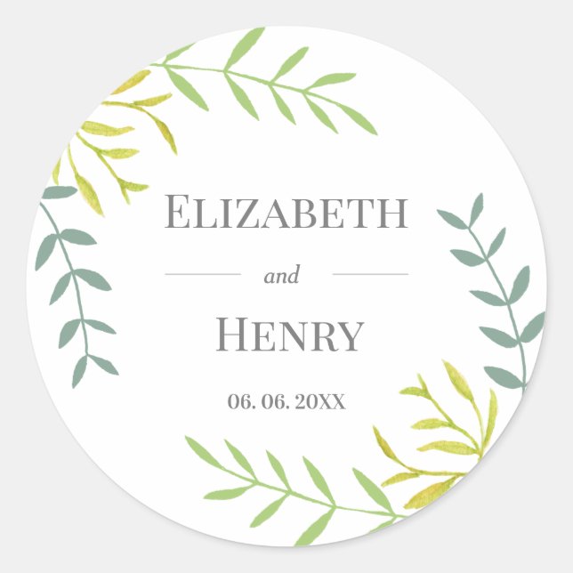 Greenery Wedding Favor Gift Modern stylish wedding Classic Round Sticker (Front)