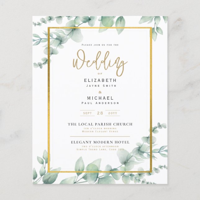 Greenery Wedding Invitation Eucalyptus White Gold (Front)