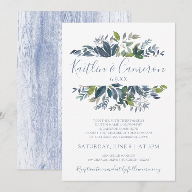 Greenery Wedding Invitations - Dusty Blue & Green (Front/Back)