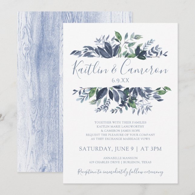 Greenery Wedding Invitations - Dusty Blue & Green (Front/Back)