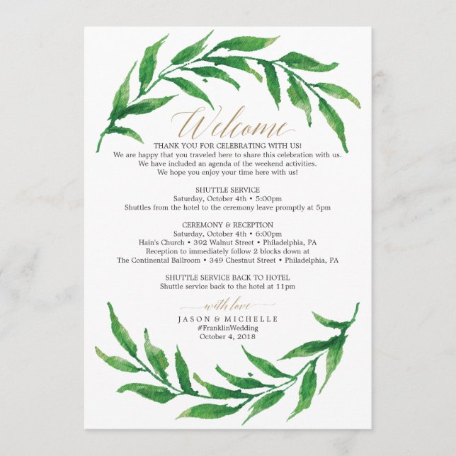 Greenery Wedding Itinerary Welcome Letter Programme (Front)