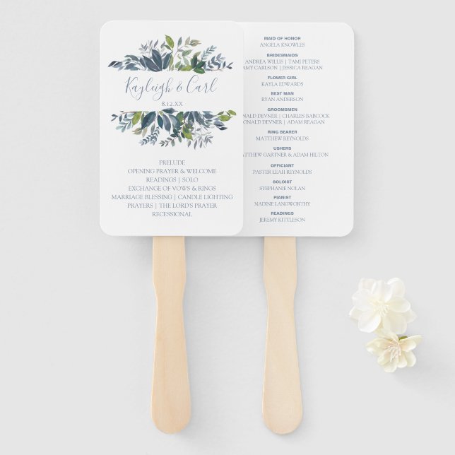 Greenery Wedding Program Fans | Dusty Blue (Front and Back)