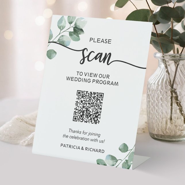 Greenery  Wedding Program QR code Pedestal Sign (Creator Uploaded)