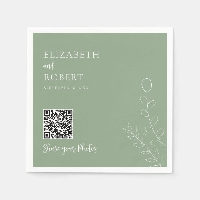 Greenery Wedding QR Share Your Photos Sage Green Napkin (Front)