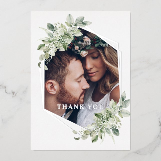 Greenery Wedding Real Silver Foil Thank You Card (Front)