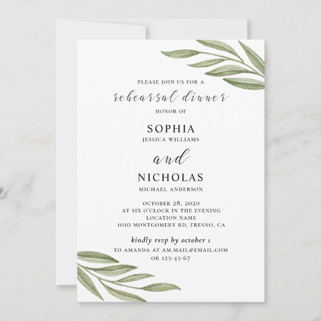 Greenery wedding rehearsal dinner invitation (Front)