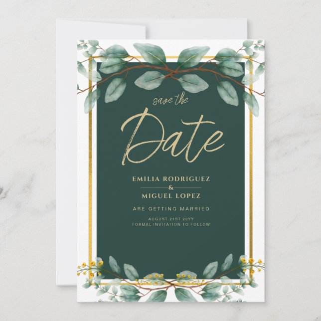 Greenery Wedding Save Date Green Gold Modern Invitation (Front)