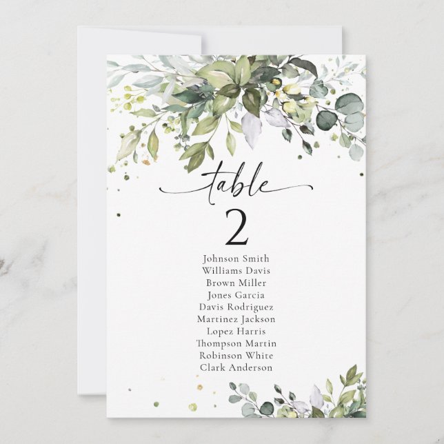 Greenery Wedding Table Seating Chart Cards (Front)