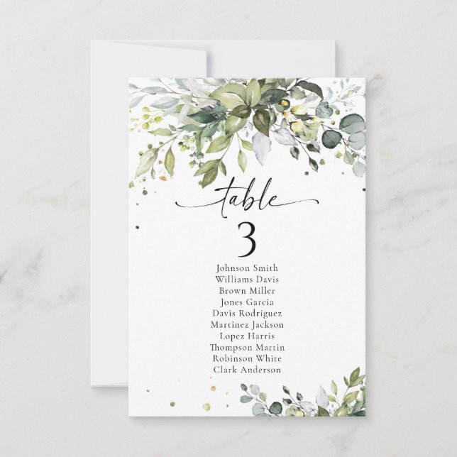 Greenery Wedding Table Seating Chart Cards (Front)