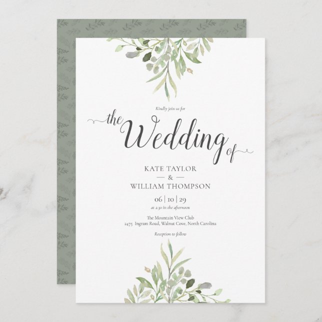 Greenery Wedding Watercolour Foliage Script Invitation (Front/Back)