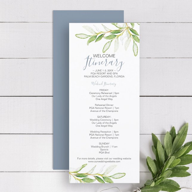 Greenery Wedding Weekend Itinerary for Guests (Wedding welcome itinerary Unique Bespoke Watercolor Greenery art by Victoria Grigaliunas)