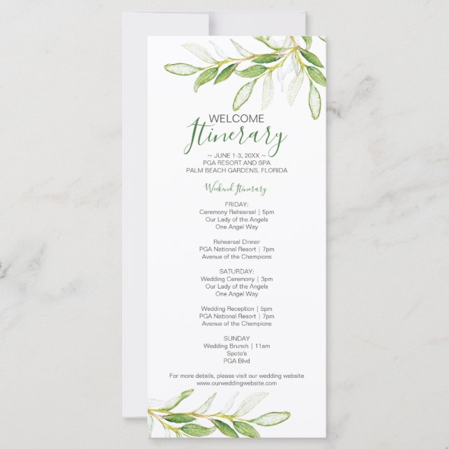 Greenery Wedding Weekend Itinerary for Guests (Front)