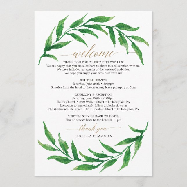 Greenery Wedding Welcome Itinerary Letter Programme (Front)