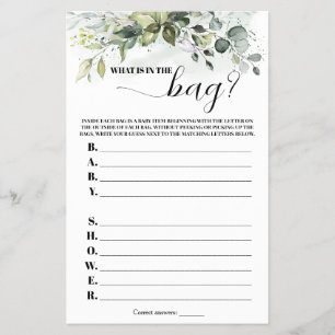 Greenery What is in the Bag Baby Shower Game Flyer