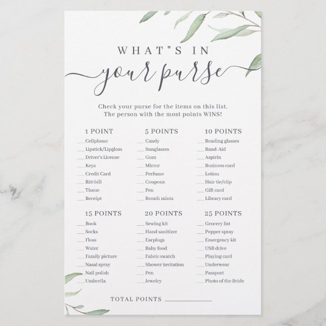 Greenery what's in your purse bridal shower game (Front)