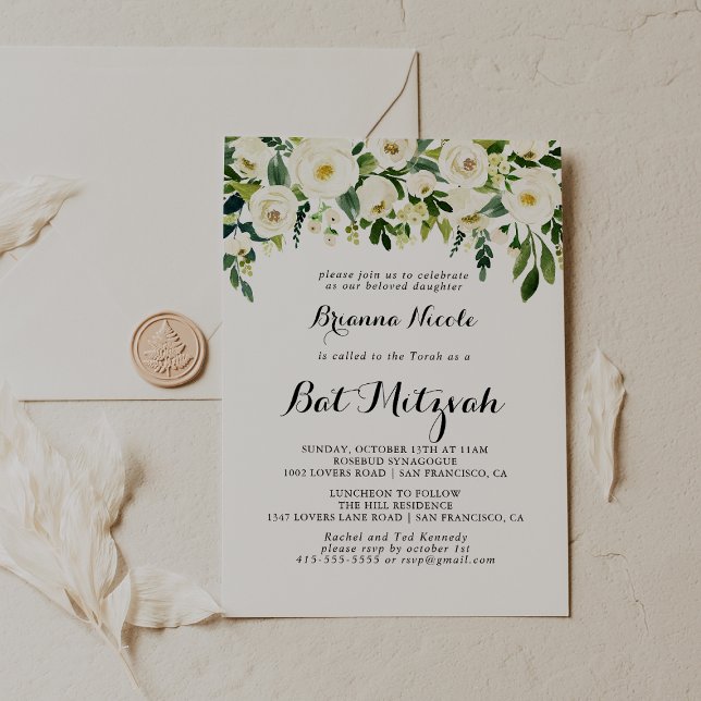 Greenery White Autumn Floral Bat Mitzvah Invitation (Creator Uploaded)