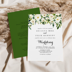 Greenery White Autumn Floral Front & Back Wedding Invitation