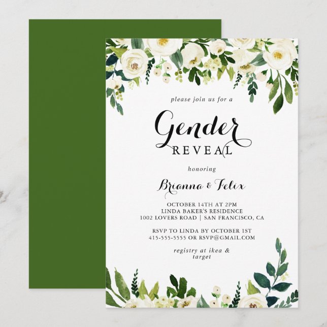 Greenery White Autumn Floral Gender Reveal Party Invitation (Front/Back)