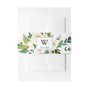 Greenery White Autumn Floral Monogram Wedding Invitation Belly Band