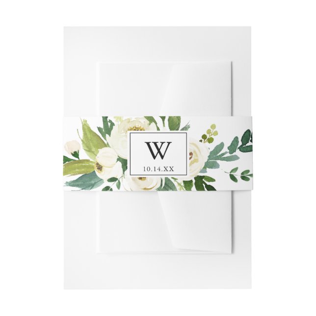 Greenery White Autumn Floral Monogram Wedding Invitation Belly Band (Front Example)