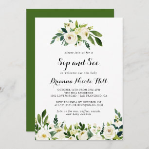 Greenery White Autumn Floral Sip and See Invitation