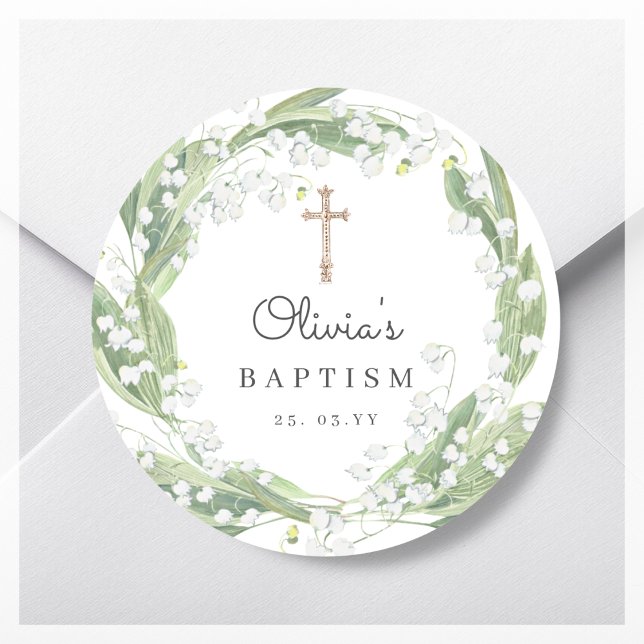 Greenery White Floral Baptism  Classic Round Sticker (Creator Uploaded)