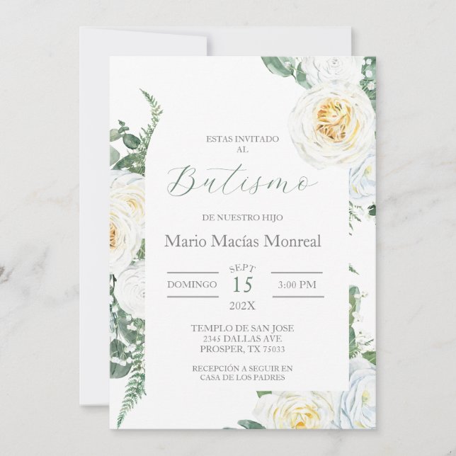 Greenery white  Floral Baptism Spanish Invitation (Front)