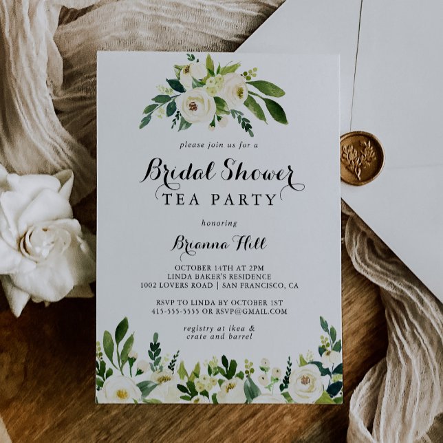 Greenery White Floral Bridal Shower Tea Party Invitation (Creator Uploaded)
