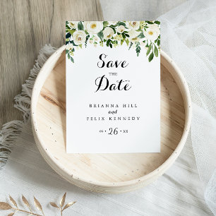 Greenery White Floral Calligraphy Save the Date Postcard