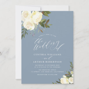 greenery white floral dusty blue wedding invitation