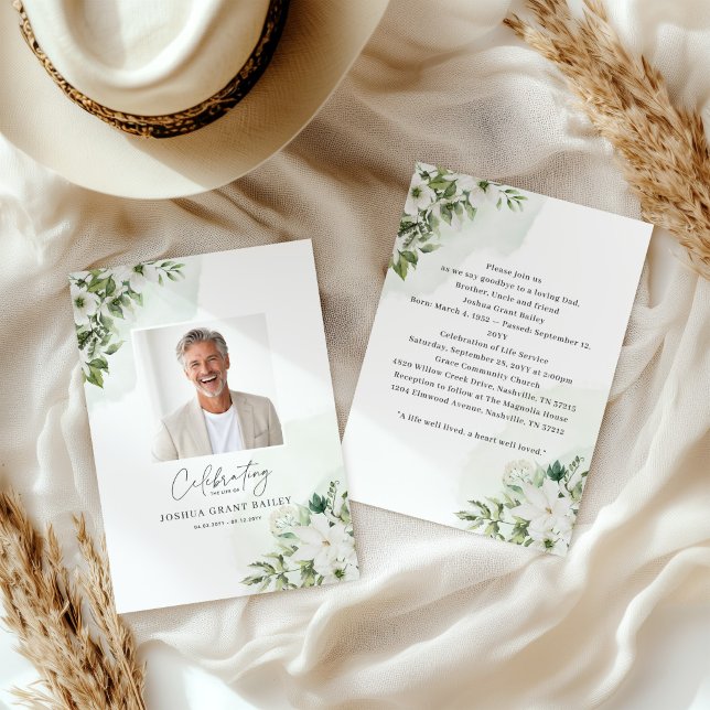 Greenery White Floral Funeral Announcement invite (Creator Uploaded)