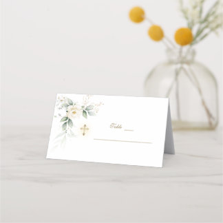 Greenery White Floral Gold Baptism Table Number Place Card