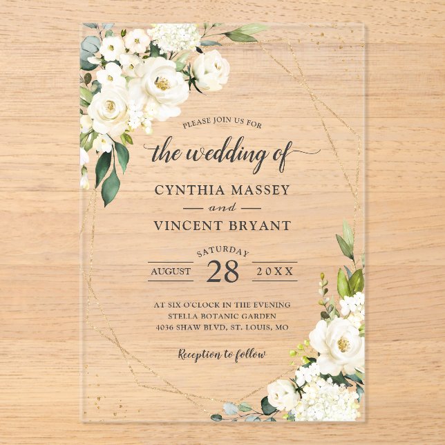 Greenery White Floral Gold Geometric Wedding Acrylic Invitations (Front)